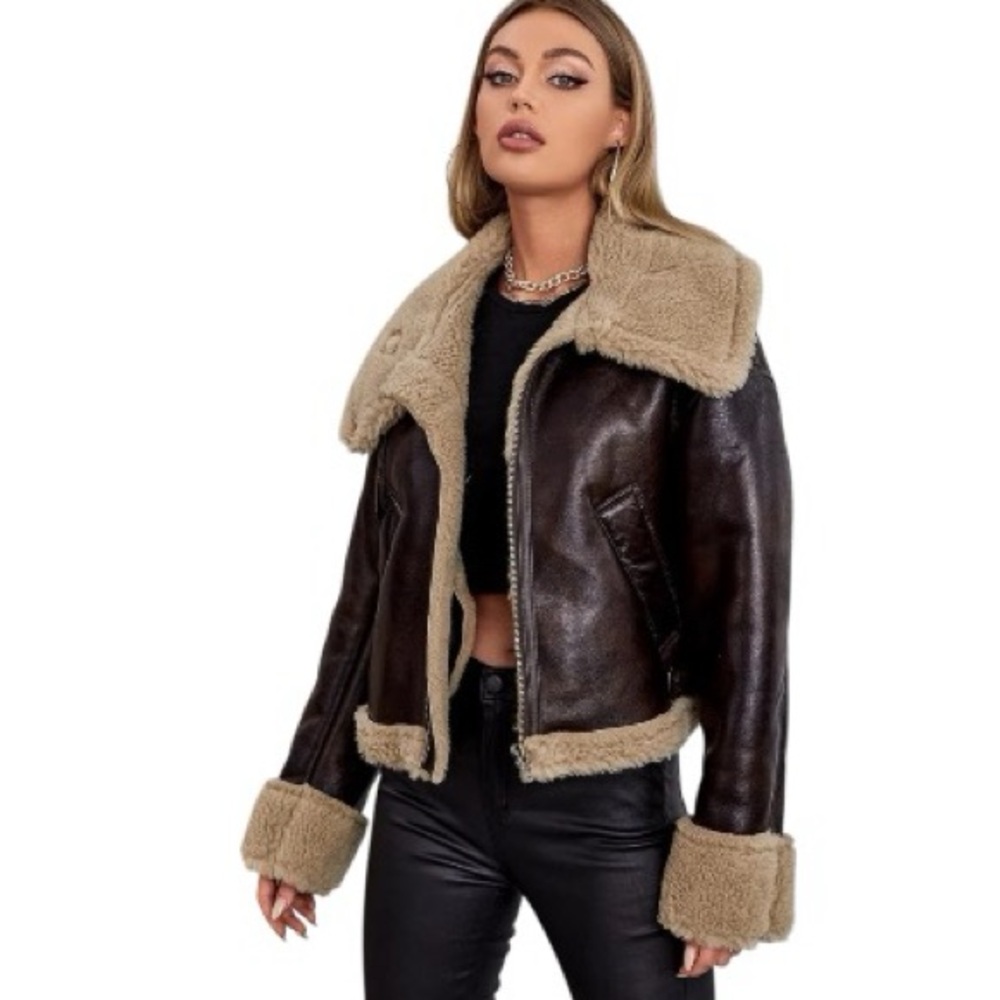 LY VAREY LIN NEW Women Faux Leather Shearling Bomber Jacket Size Small